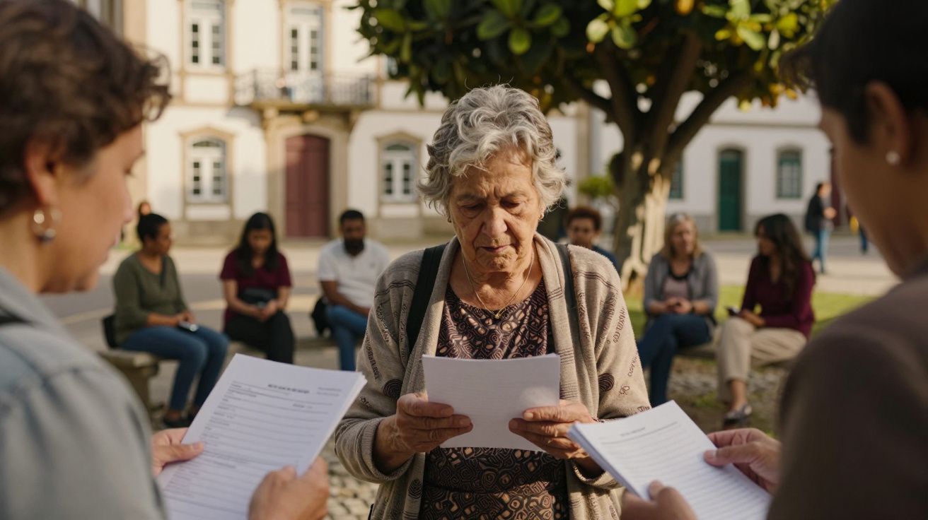 Idosa lendo documentos ao ar livre, cercada por pessoas em pé e sentadas em um parque.