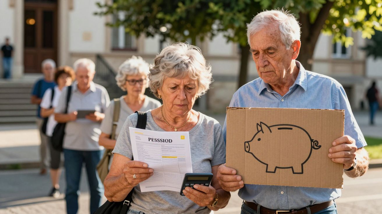 Idosos numa fila, uma mulher segura documentos e um homem segura um cartão com um desenho de porquinho.