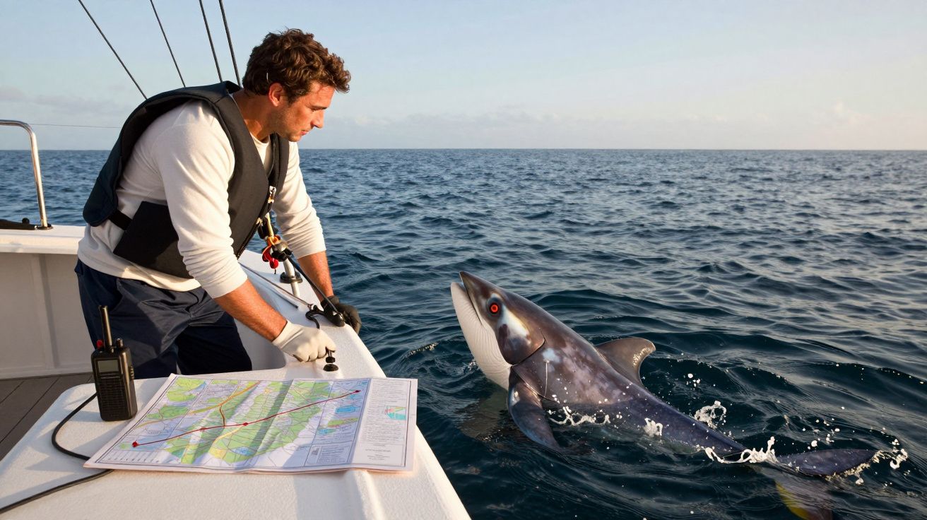 Homem num barco observa tubarão no mar, com mapa e rádio ao lado.