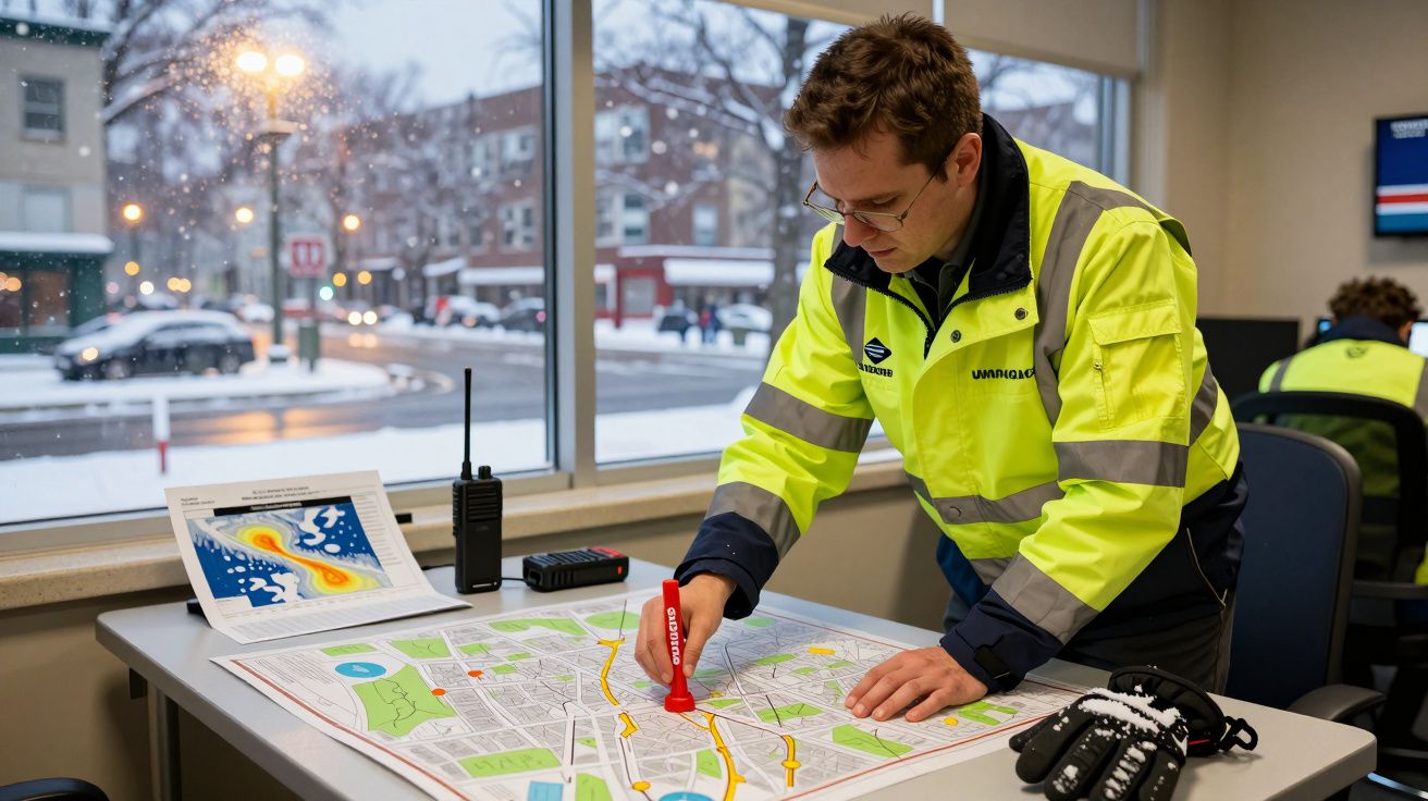 Homem planeia rota num mapa em escritório, vestindo casaco de alta visibilidade, com neve visível pela janela.