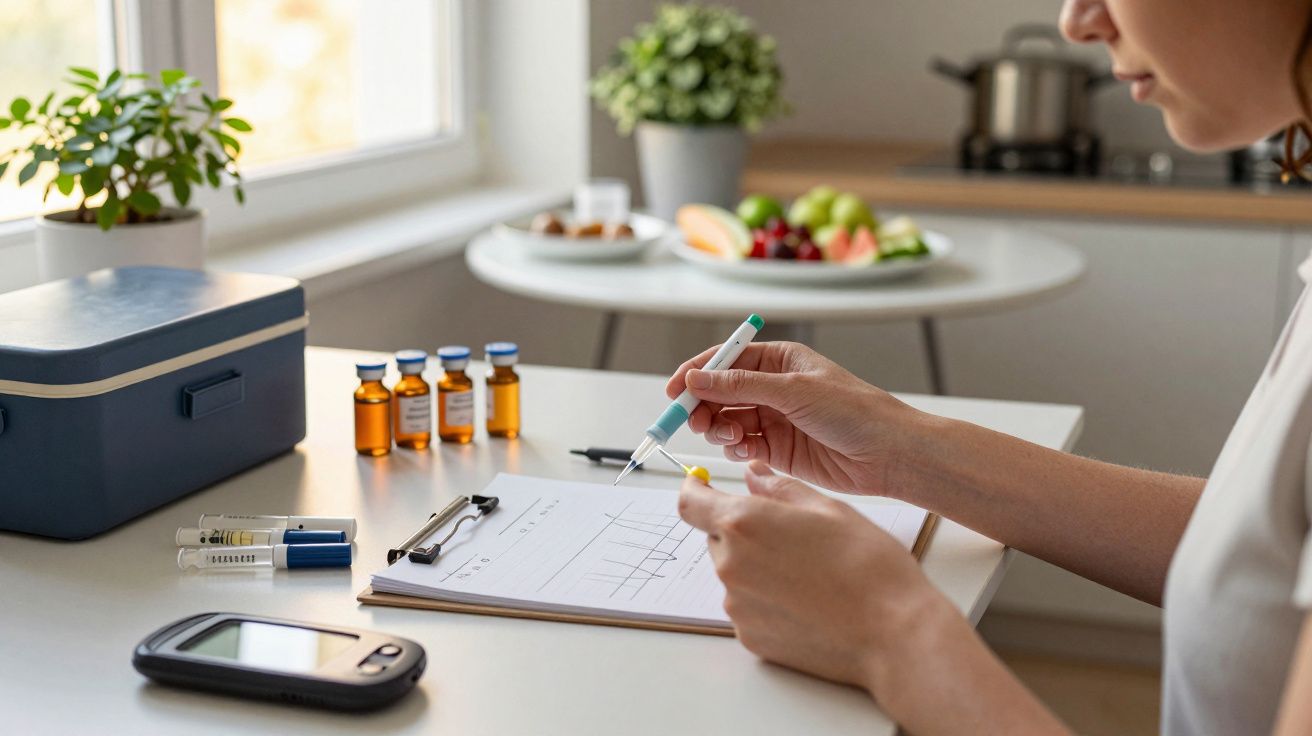 Pessoa prepara insulina em mesa, com tabela de controlo, frascos e dispositivo médico, fundo desfocado com frutas.