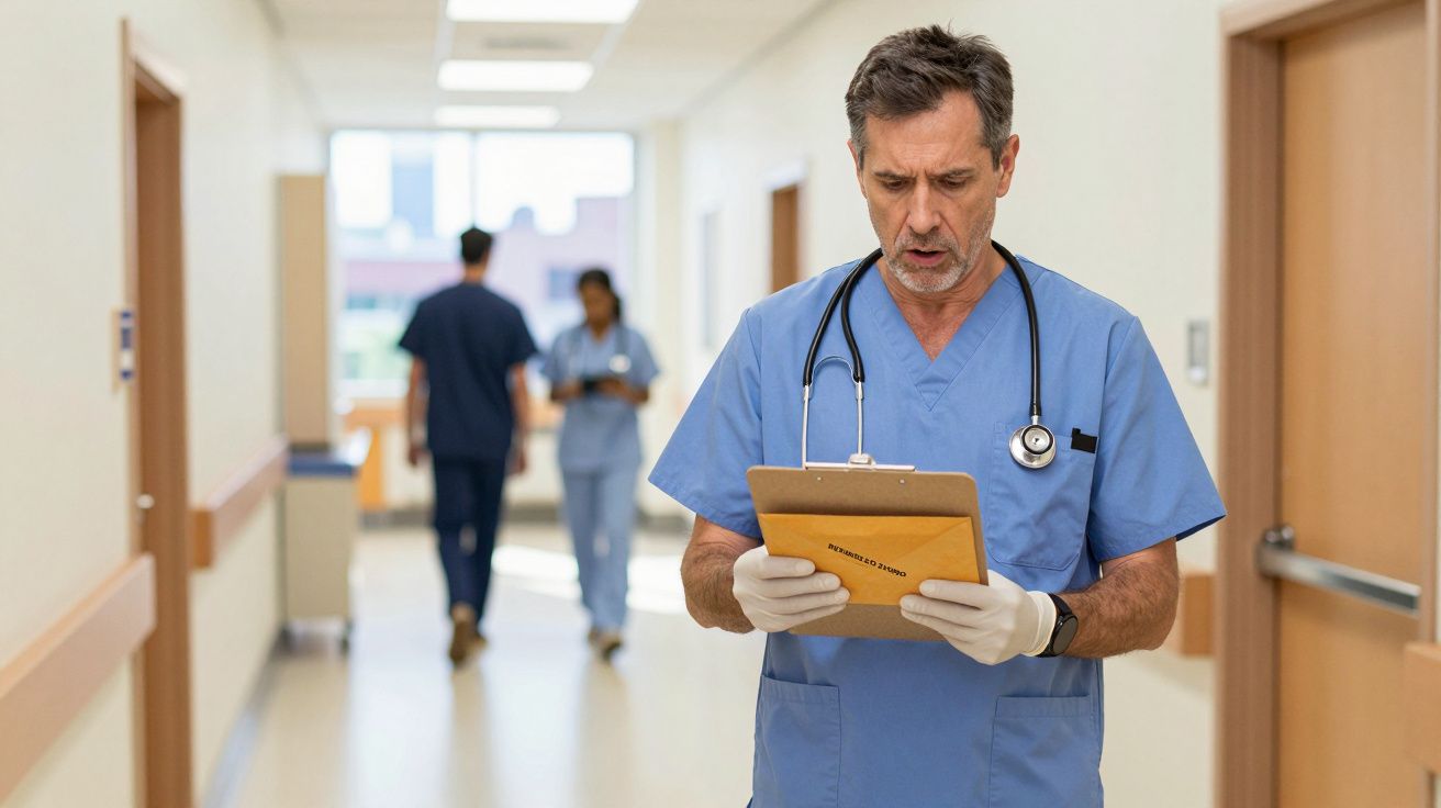Médico de bata azul e estetoscópio, lendo uma prancheta num corredor de hospital.