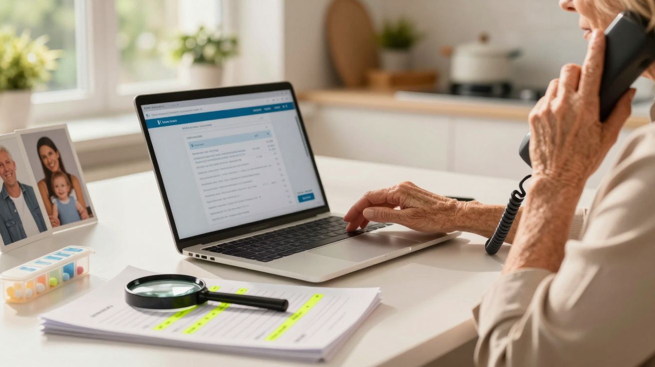 Mulher idosa ao telefone usando portátil em cozinha, com lupa e documentos ao lado.