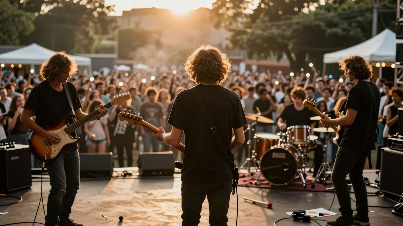 Banda de rock atua ao ar livre ao pôr do sol, com público animado ao fundo.