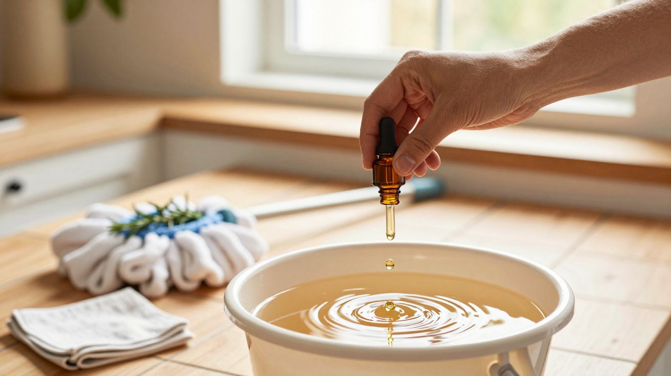 Mão pingando líquido de frasco âmbar numa tigela de água, com pano de limpeza ao fundo.