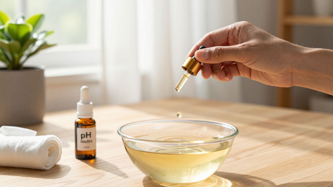 Mão segurando conta-gotas sobre tigela com líquido. Frasco de pH neutro e toalha ao lado, planta ao fundo.