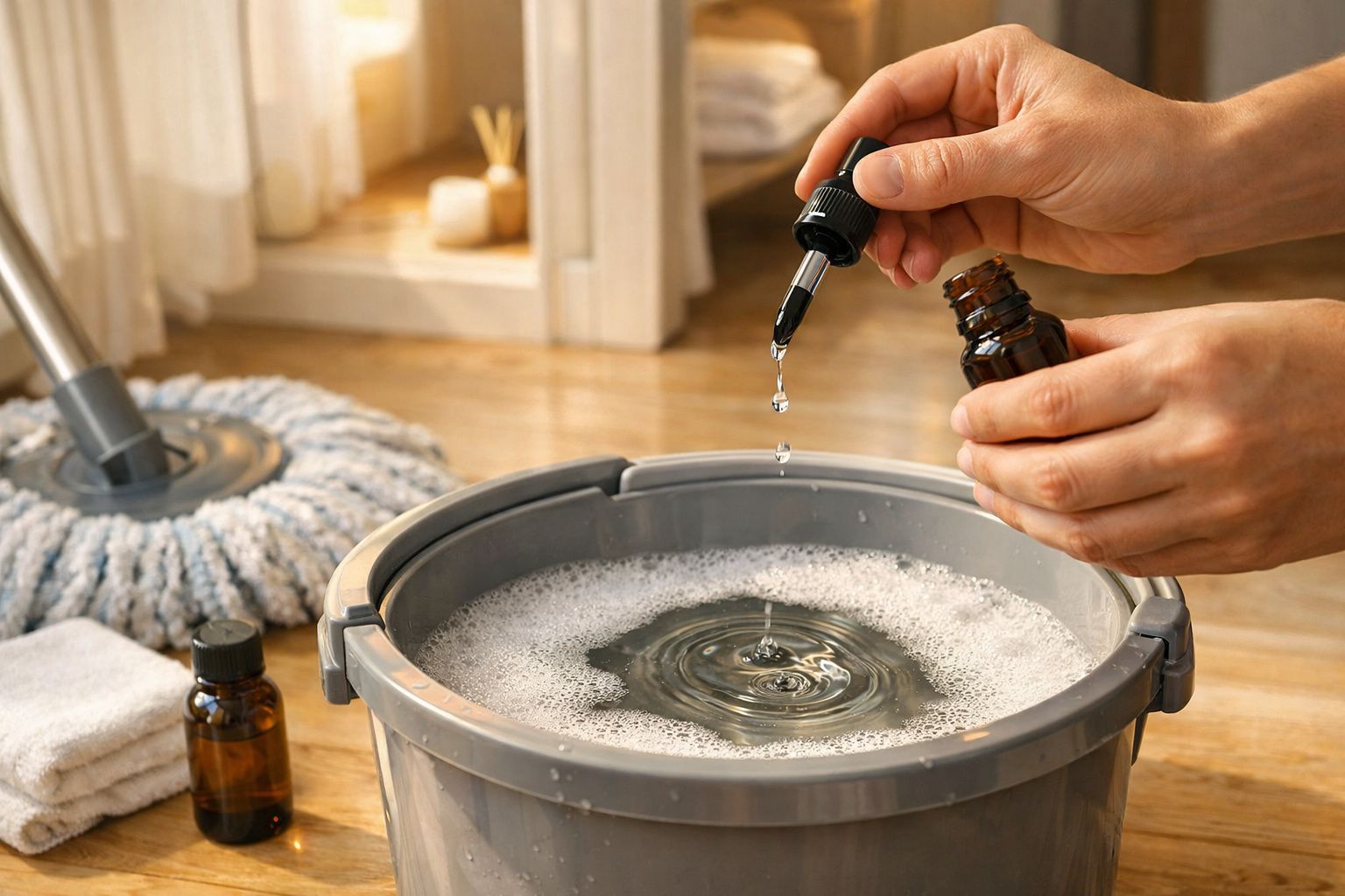 Pessoa a adicionar líquido de um frasco a um balde de água numa sala com artigos de limpeza visíveis.