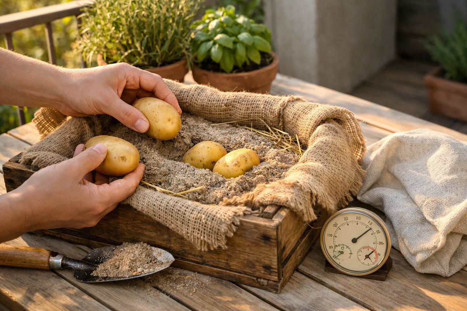 Pessoa colhe batata de caixa de madeira com palha; maçã e saco ao lado.