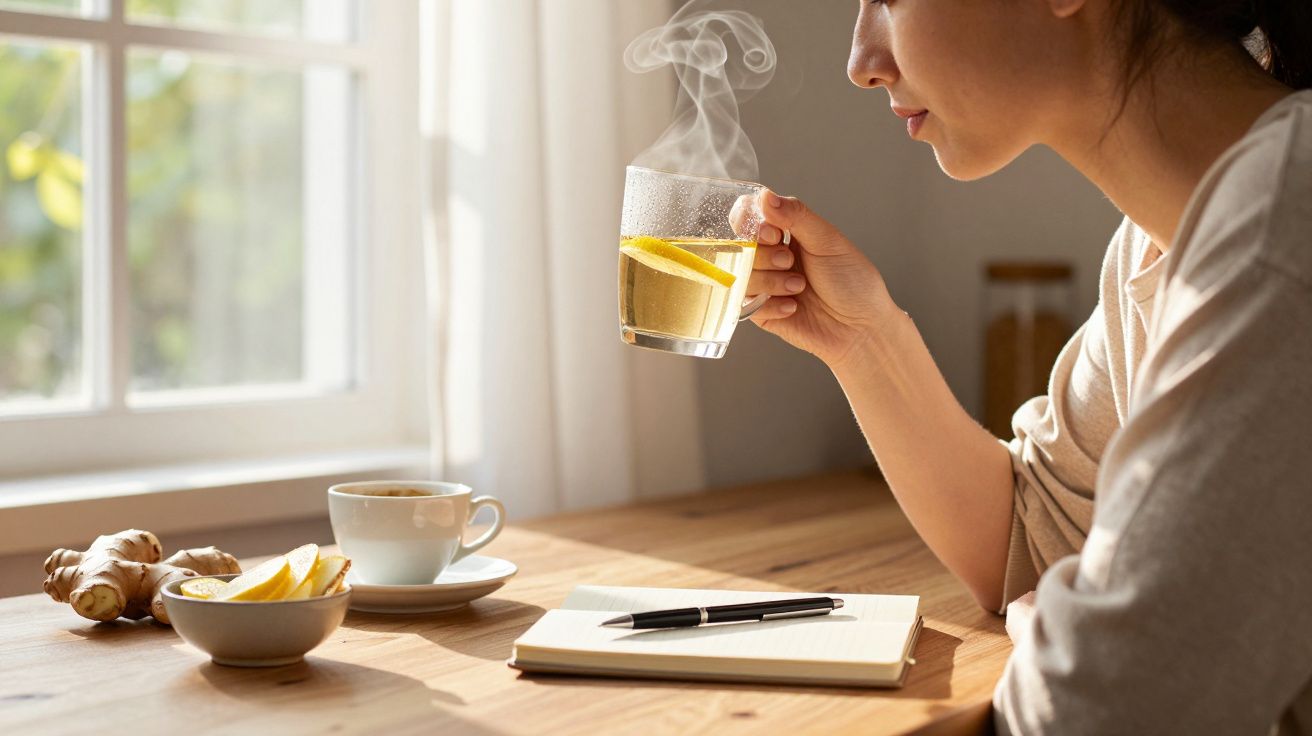 Mulher segura chá fumegante com limão, ao lado de diário, caneta e fatias de gengibre.