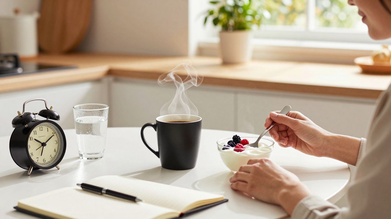 Pessoa a tomar iogurte com bagas ao lado de uma chávena de café, relógio, caderno e copo de água numa cozinha iluminada.