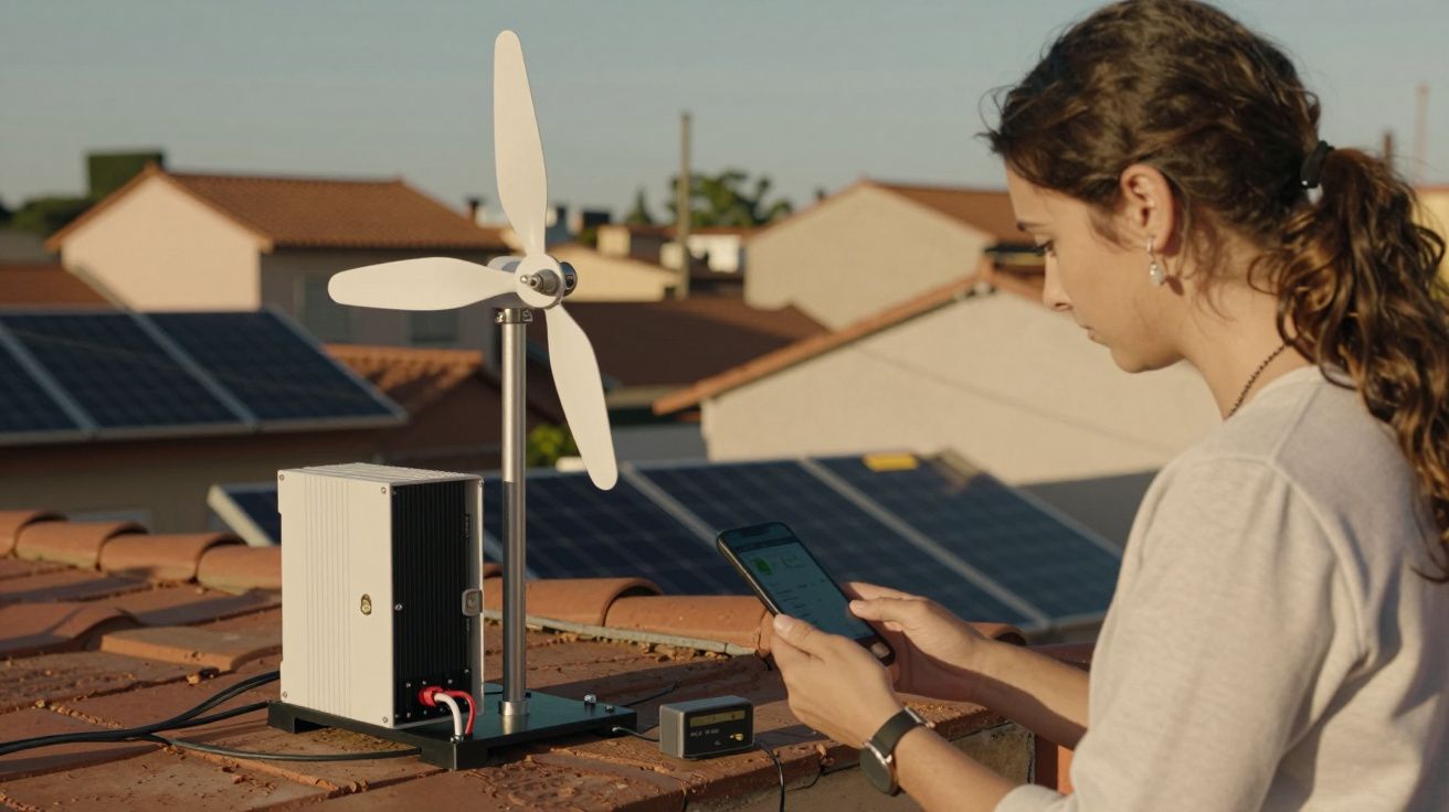 Mulher usando telemóvel junto de mini turbina eólica em telhado com painéis solares ao fundo.