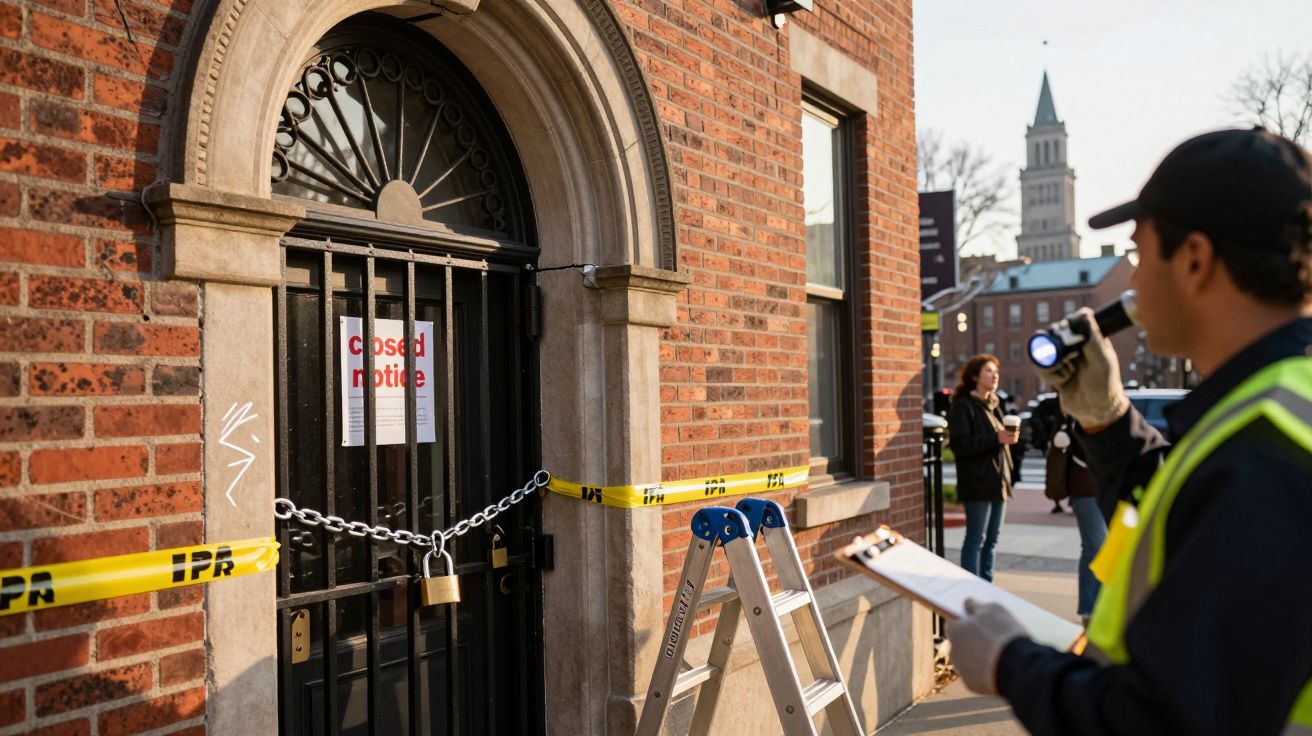 Porta fechada com corrente e cadeado, fita de segurança e aviso de encerramento; pessoa inspeciona com lanterna.