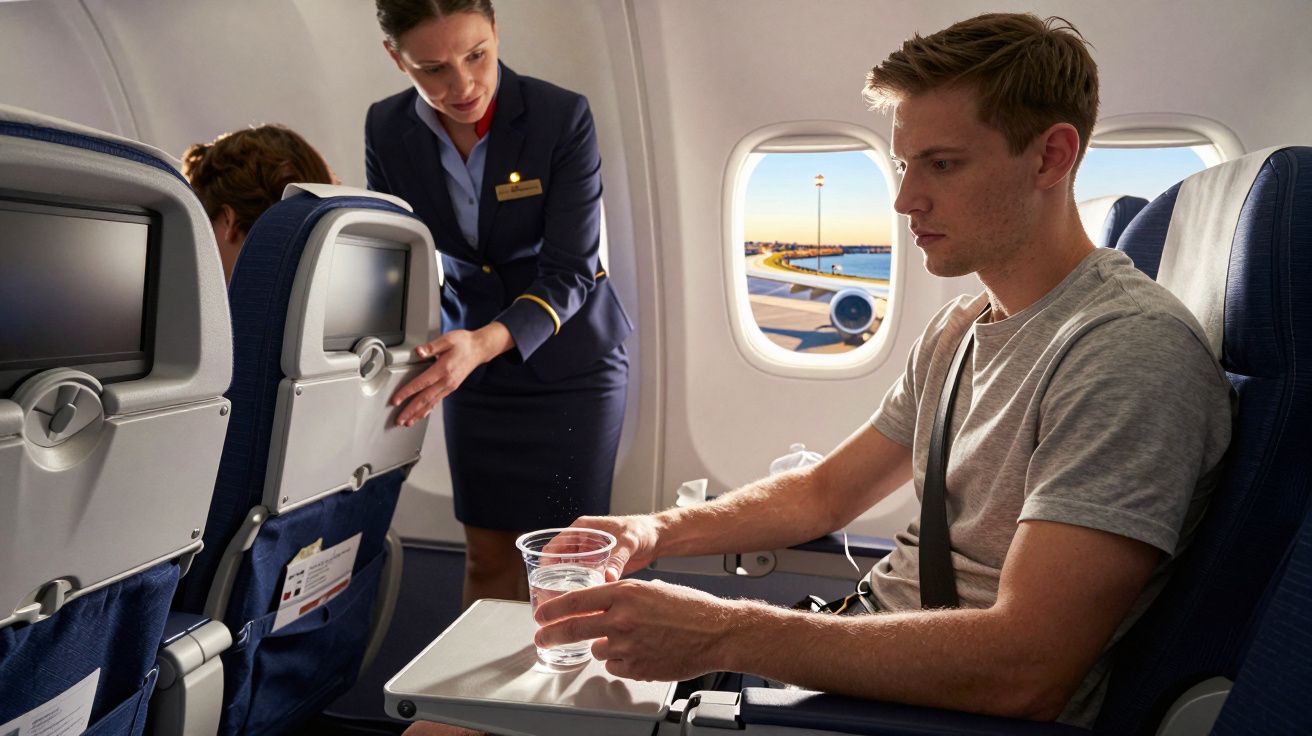 Passageiro sentado em avião, recebe água de hospedeira numa cabine iluminada, com janela mostrando o exterior.