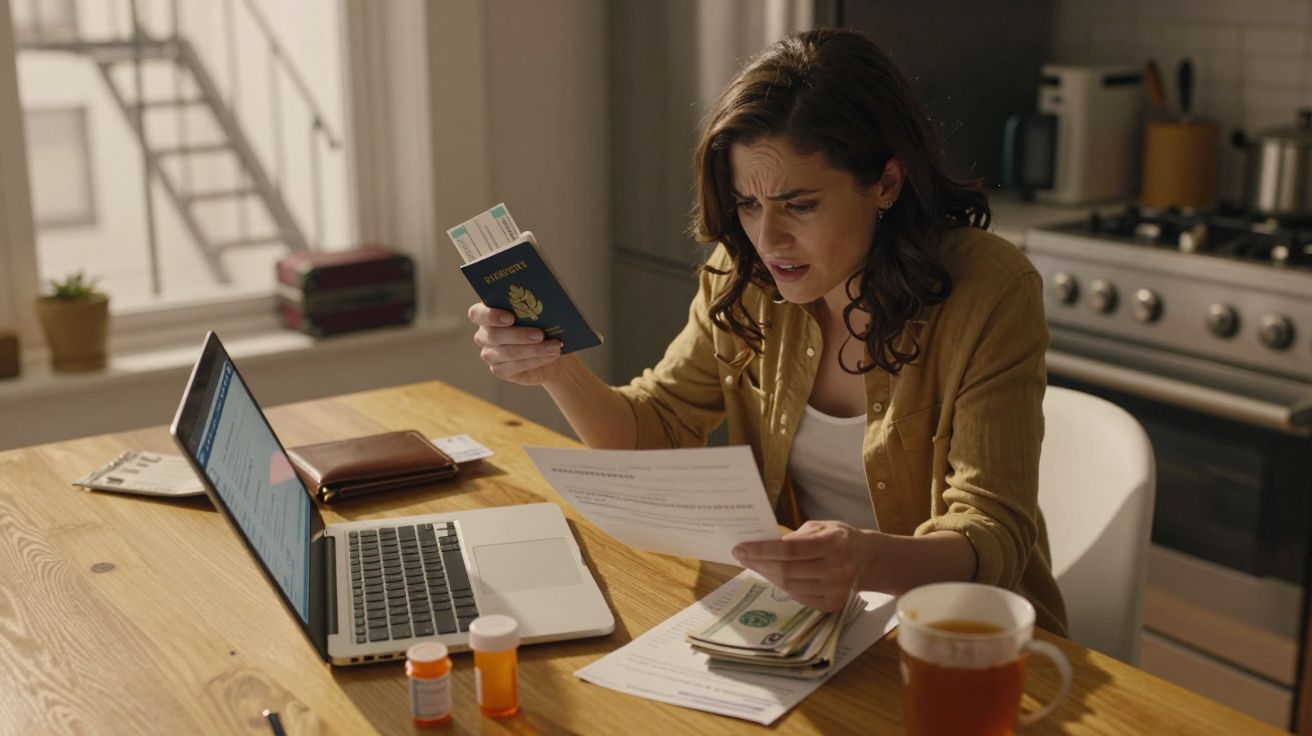 Mulher séria olhando um documento e segurando um passaporte, sentada à mesa com portátil, chávena e medicamentos.