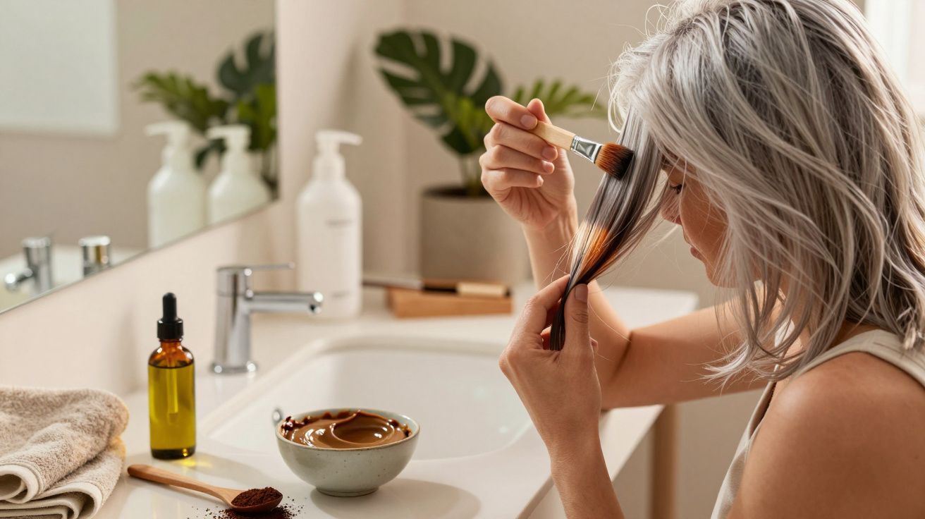 Mulher aplica tinta natural no cabelo grisalho em casa, ao lado de uma pia com toalha, frasco de óleo e tigela com mistura.
