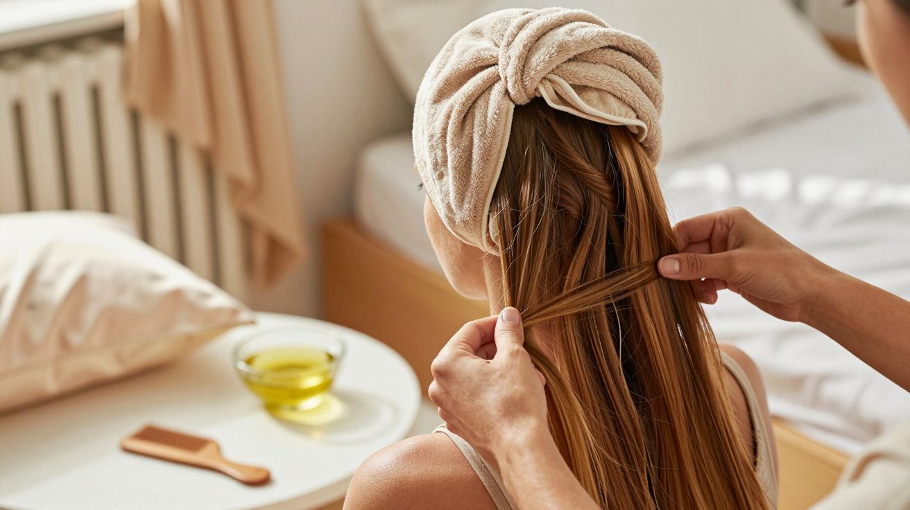 Pessoa com toalha na cabeça tendo cabelo cuidado, com pente e óleo ao fundo.