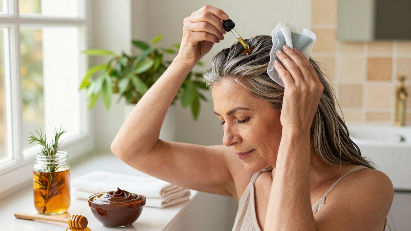 Mulher aplica óleo no cabelo com conta-gotas, segurando pano na cabeça, na casa de banho iluminada.
