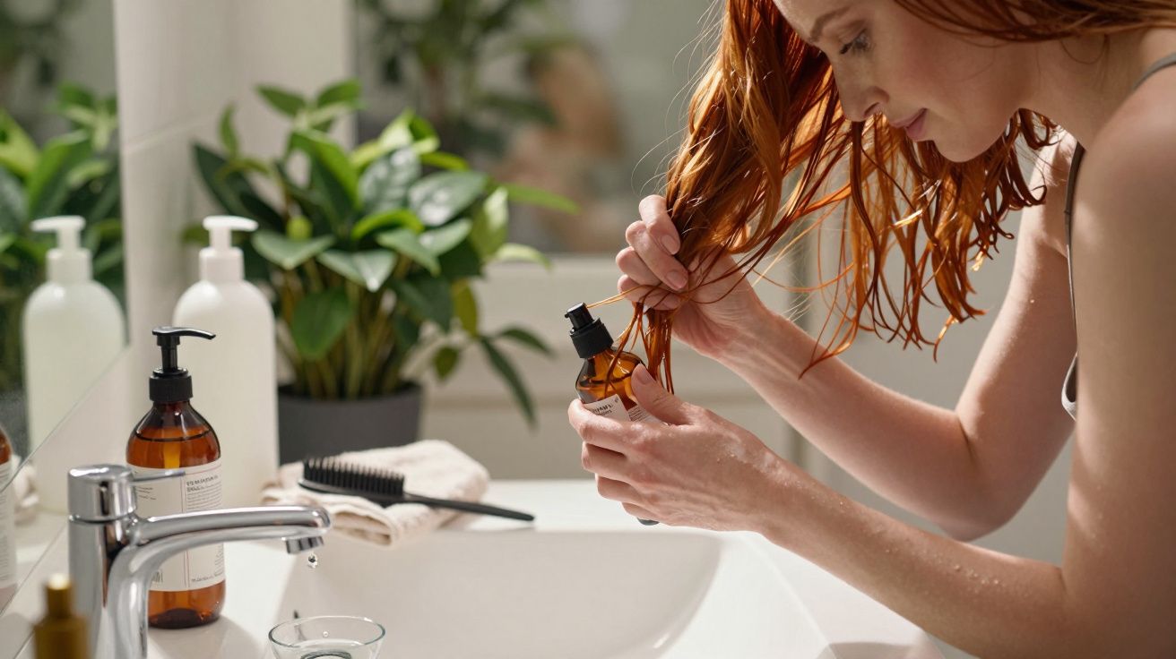 Mulher aplicando óleo no cabelo ao lado de uma pia com plantas e frascos em fundo desfocado.