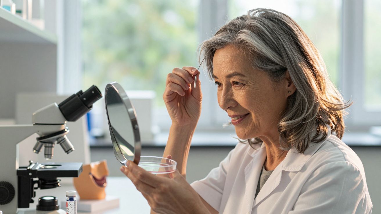 Cientista idosa num laboratório, usando espelho para ajustar cabelo, com microscópio em fundo desfocado.
