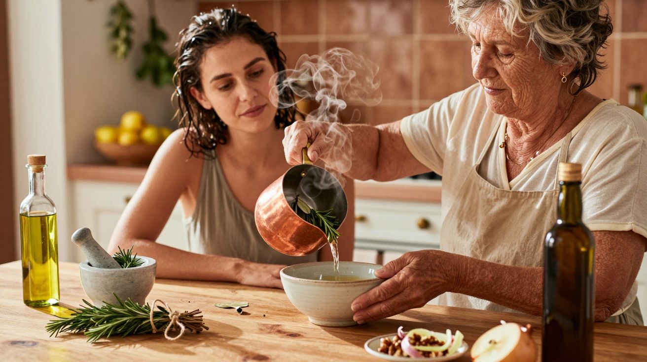Idosa serve chá fumegante em taça, enquanto jovem observa na cozinha.