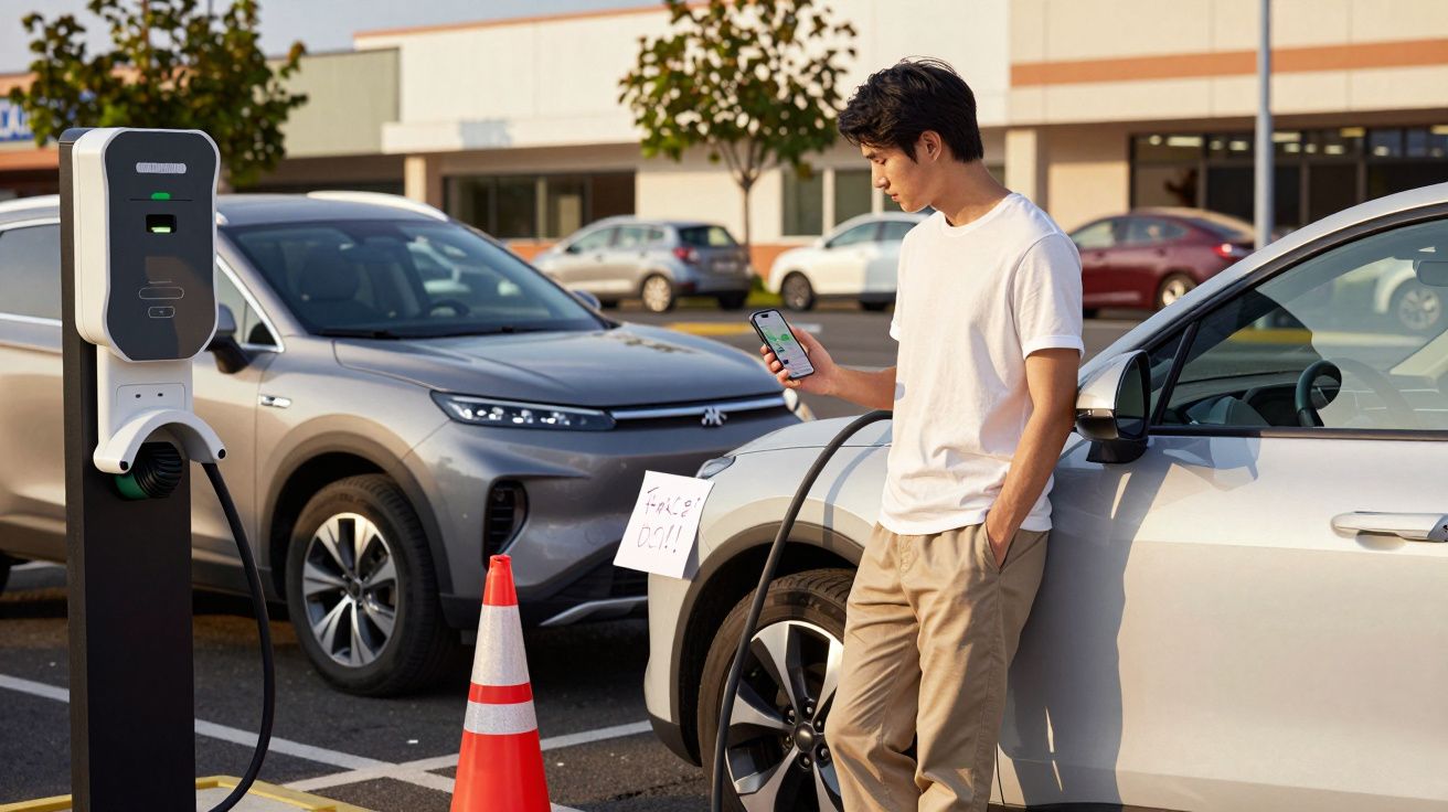 Homem junto a carro elétrico a carregar, segurando telemóvel, em parque de estacionamento com sinal de "Lugar Ocupado".