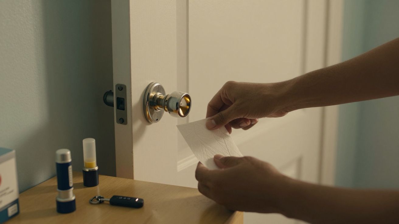 Mãos segurando um papel perto da maçaneta de uma porta aberta, com objetos sobre uma mesa ao lado.