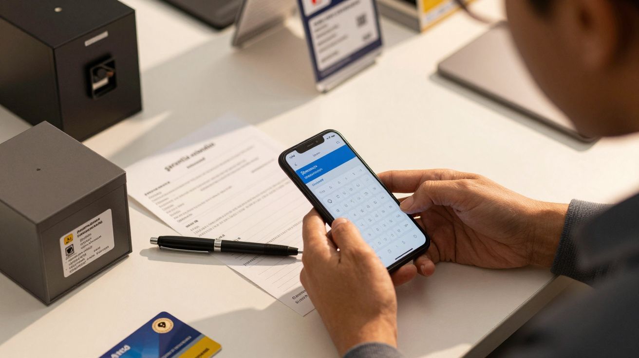 Pessoa usando calculadora no smartphone, na mesa há documentos, caneta e dispositivos eletrónicos.