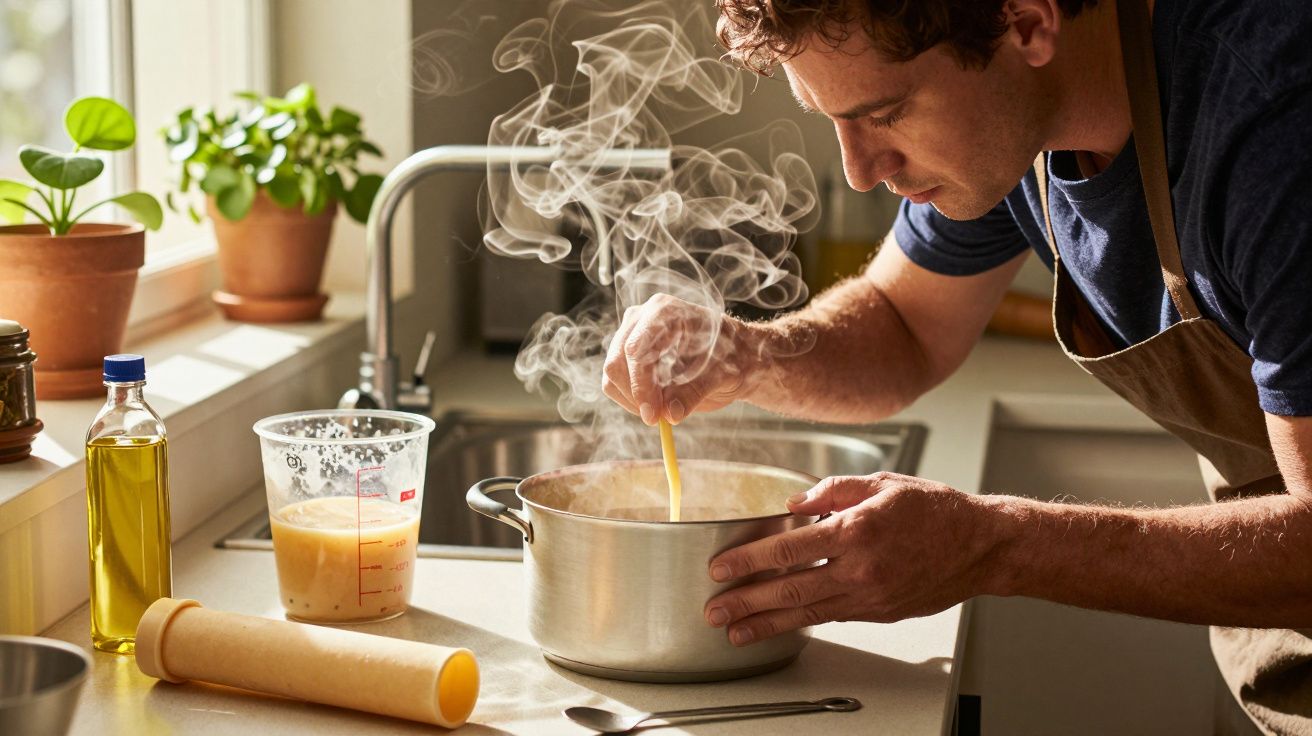 Homem a cozinhar no fogão, mexendo uma panela com vapor, ao lado de ingredientes e plantas numa cozinha iluminada.