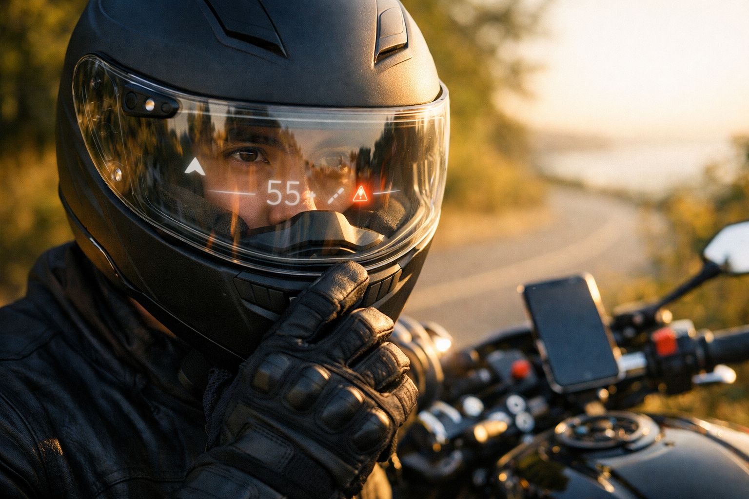 Motociclista de capacete e luvas, parado numa estrada costeira, mexe no telemóvel enquanto está sentado numa mota preta.