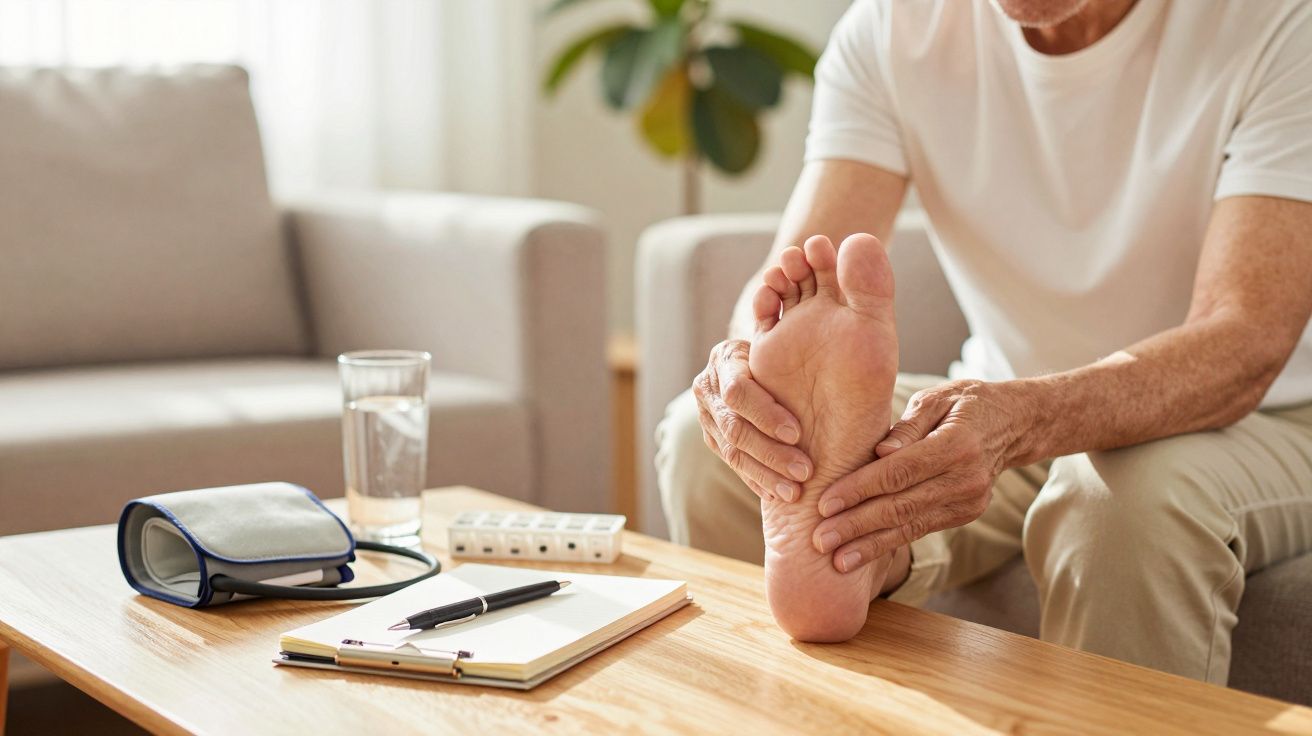 Homem sentado num sofá, segurando o pé, com caderno, copo e aparelho de pressão na mesa à frente.