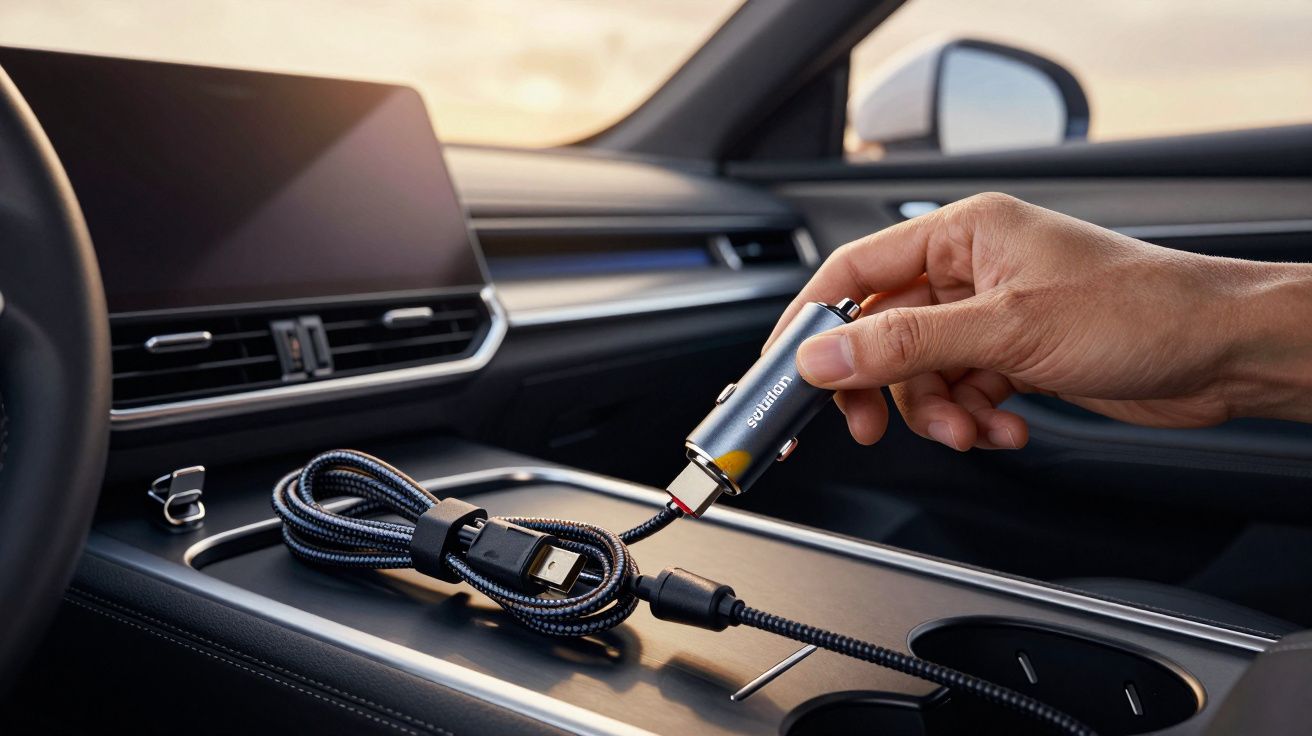 Mão segurando carregador de isqueiro de carro com cabo USB sobre o painel de um automóvel, com ecrã e volante visíveis.