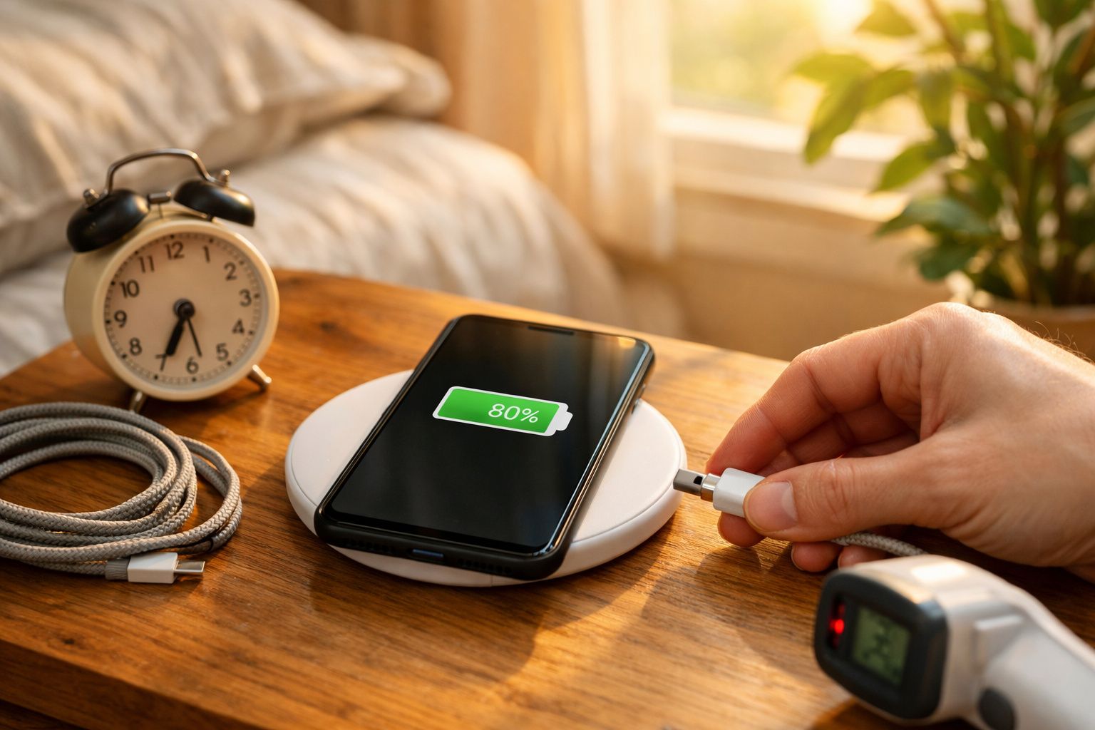 Smartphone azul a carregar numa secretária ao lado de uma mão, com tomada e relógio ao fundo.