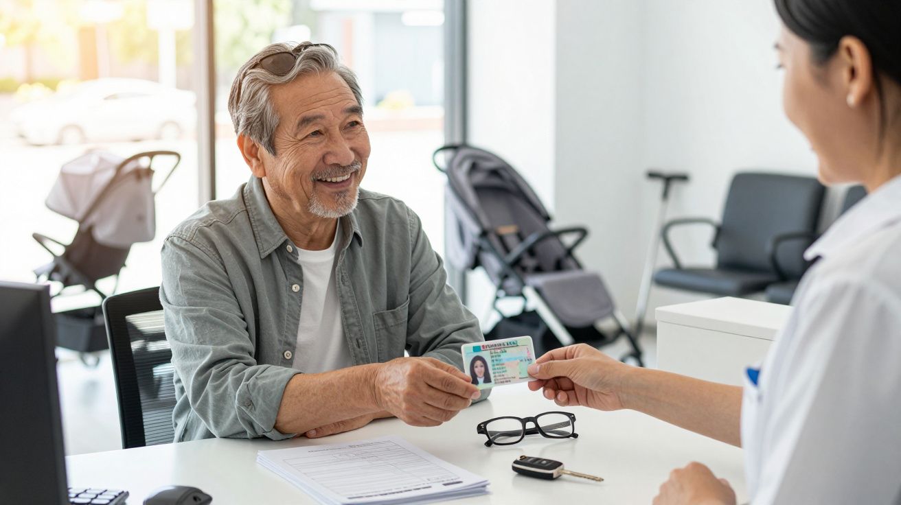 Homem idoso sorri e entrega documento a uma mulher em balcão, com cadeiras e papéis ao redor.