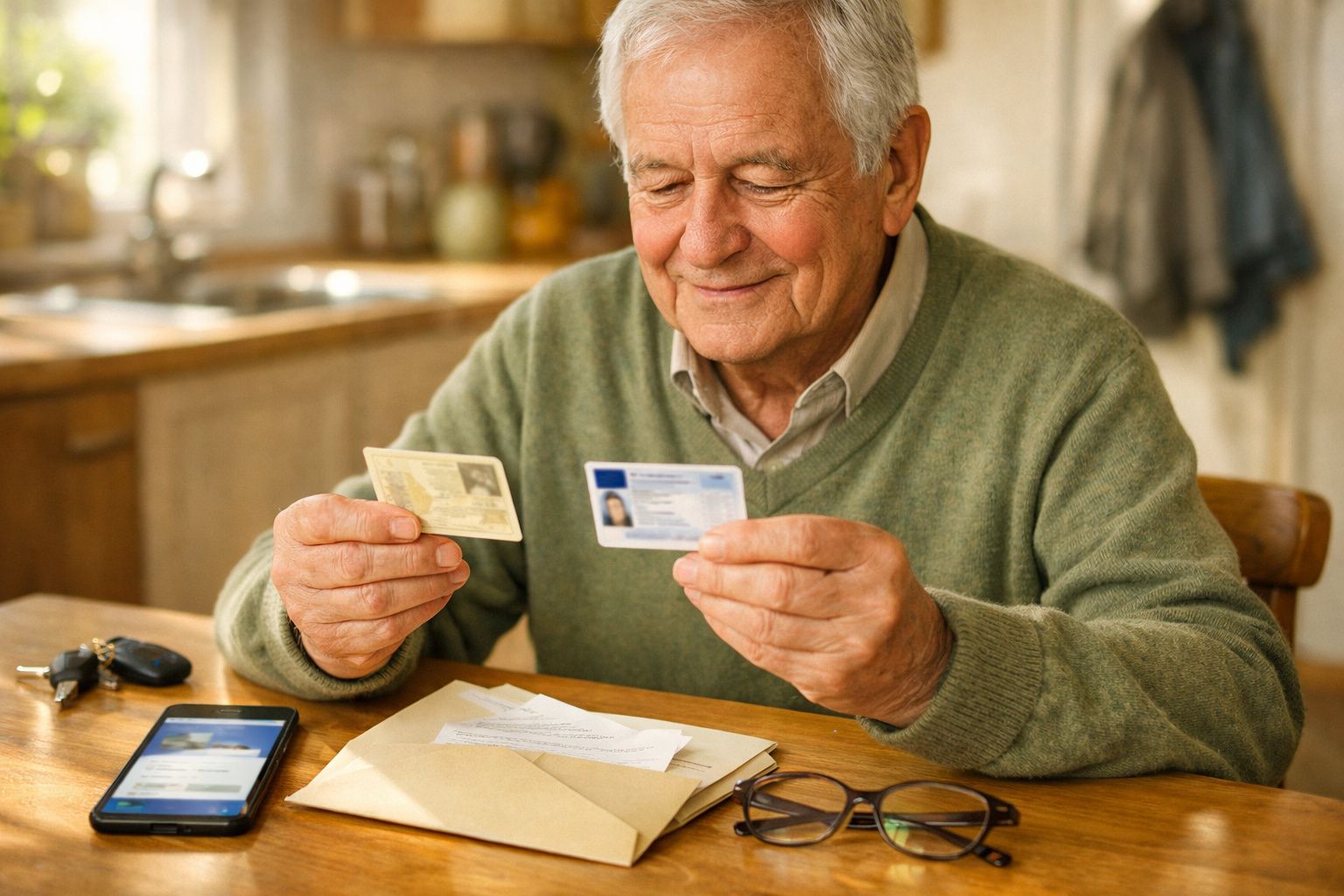 Mulher sorridente entrega um documento a duas pessoas em frente a um computador, em ambiente de escritório.