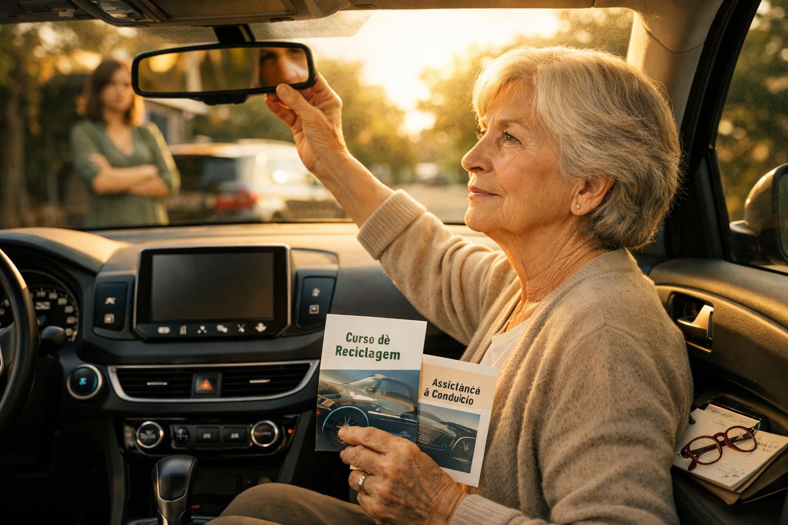 Homem no carro com uma prancheta, segurando óculos, enquanto uma mulher se aproxima segurando um café.