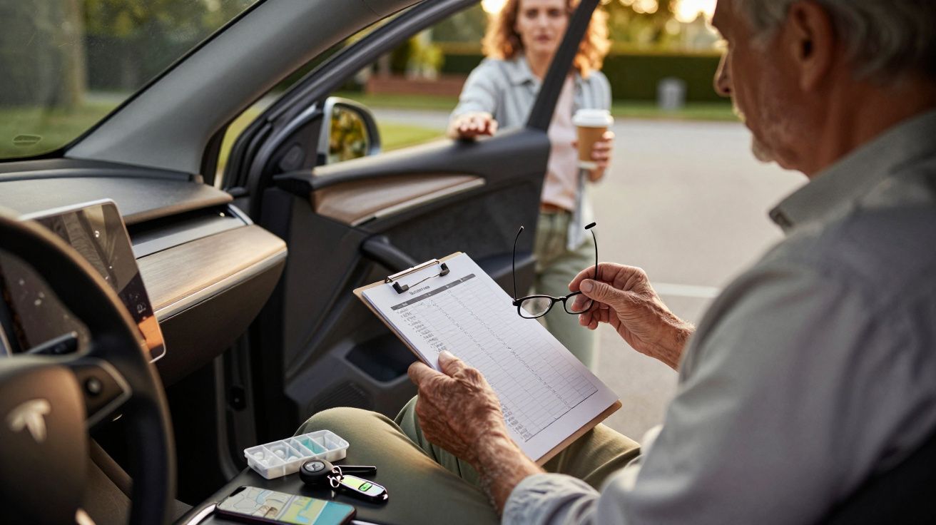 Homem sentado num carro com prancheta e óculos, mulher ao fundo com café.
