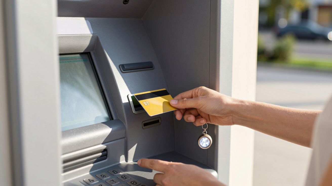 Pessoa insere cartão bancário num multibanco. Mão com chaveiro segura o cartão próximo da ranhura de leitura.