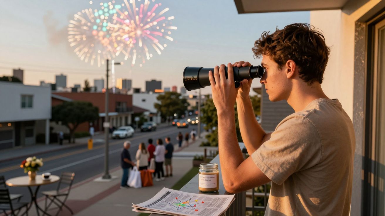Jovem observa fogo de artifício através de binóculos numa varanda ao entardecer, com pessoas e ruas ao fundo.