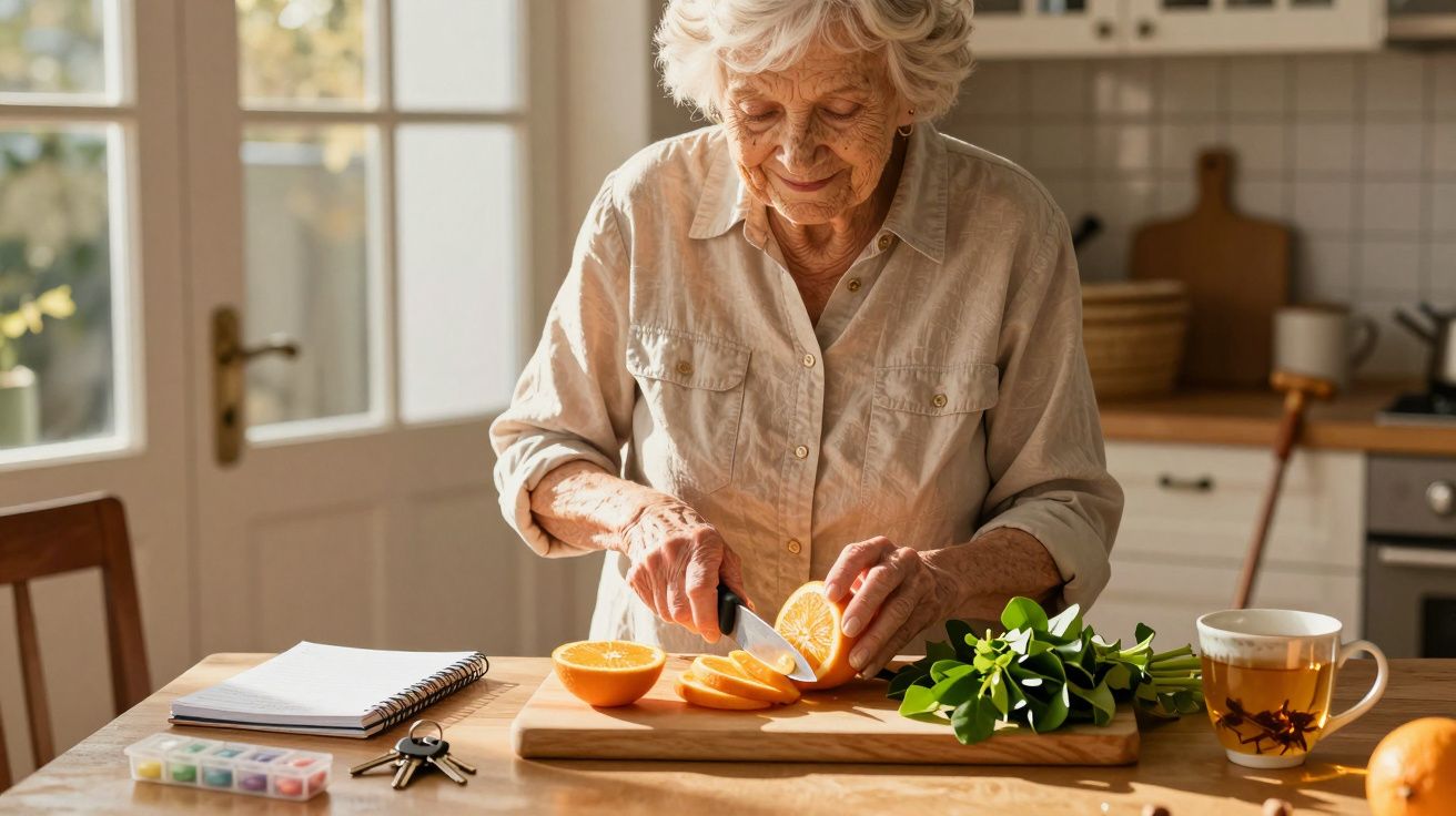 Idosa a cortar laranja numa cozinha iluminada, com chá e bloco de notas na mesa.