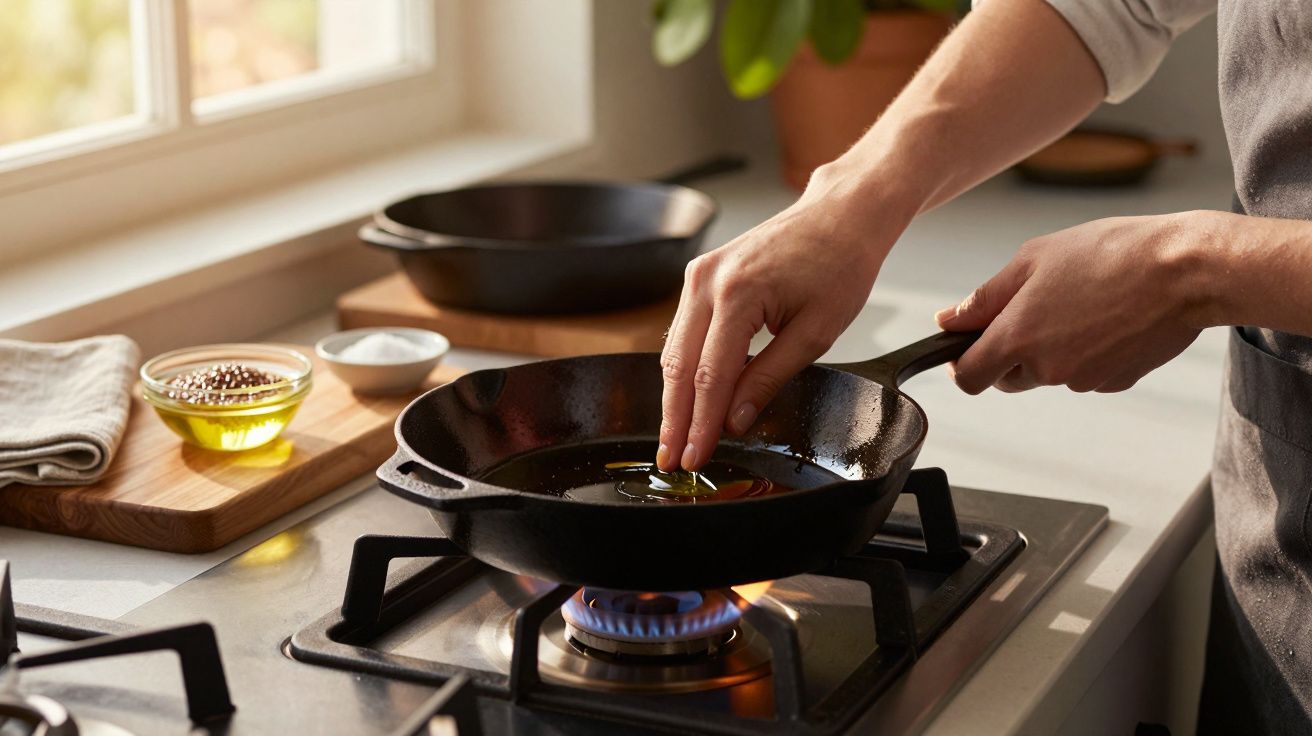 Pessoa cozinha numa frigideira de ferro, coloca um pouco de azeite no fogão a gás.