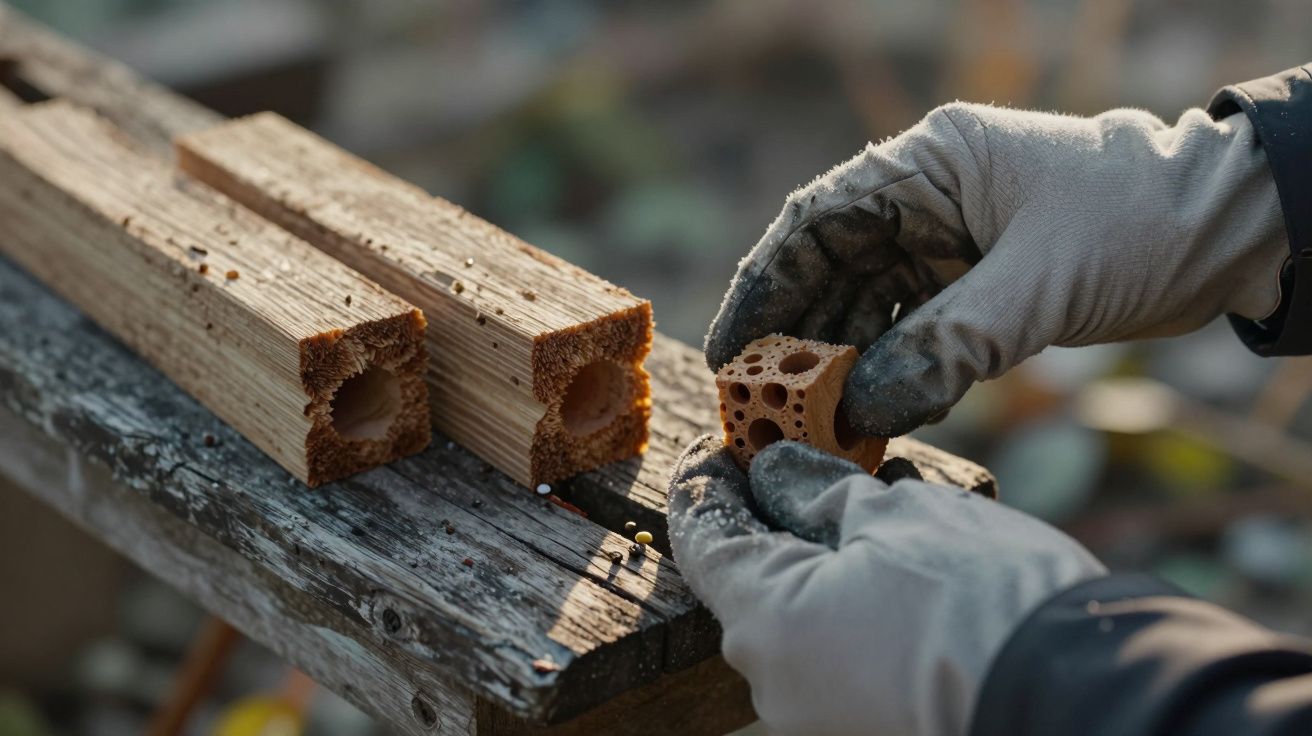 Mãos com luvas seguram pedaço de madeira com cortes hexagonais em mesa de trabalho ao ar livre.