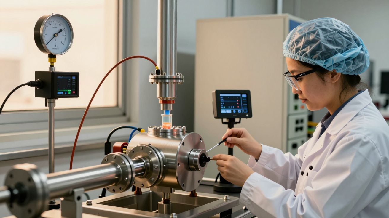 Cientista trabalha com equipamento de laboratório, usando bata e touca de proteção, rodeada por monitores e instrumentos.