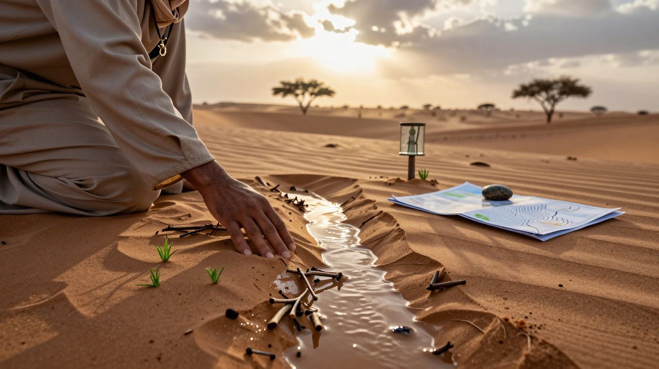 Pessoa no deserto, ao lado de um pequeno riacho, mapas e ampulheta, ao pôr do sol.