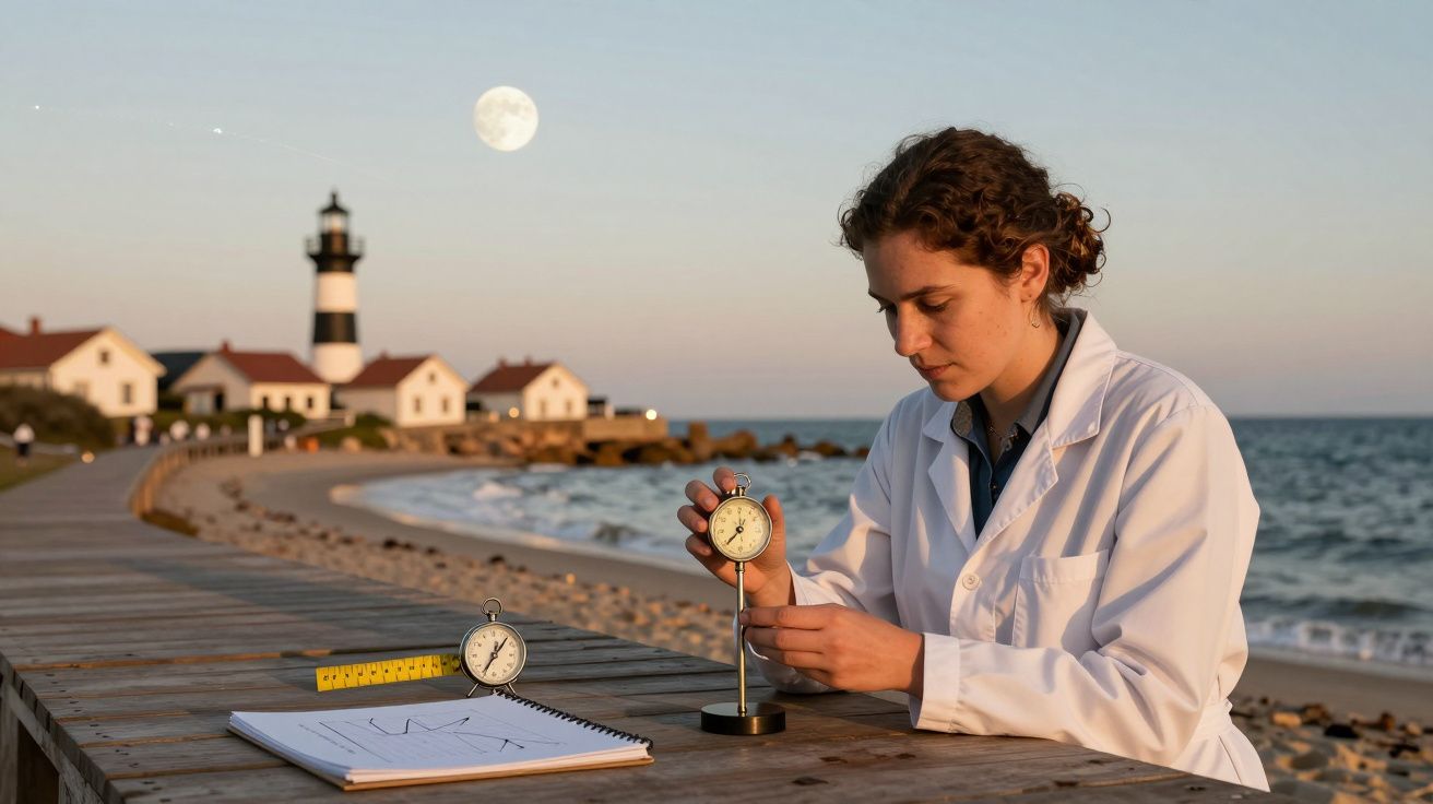 Cientista de bata branca trabalha com cronómetro numa mesa ao ar livre perto de um farol, com lua ao fundo.