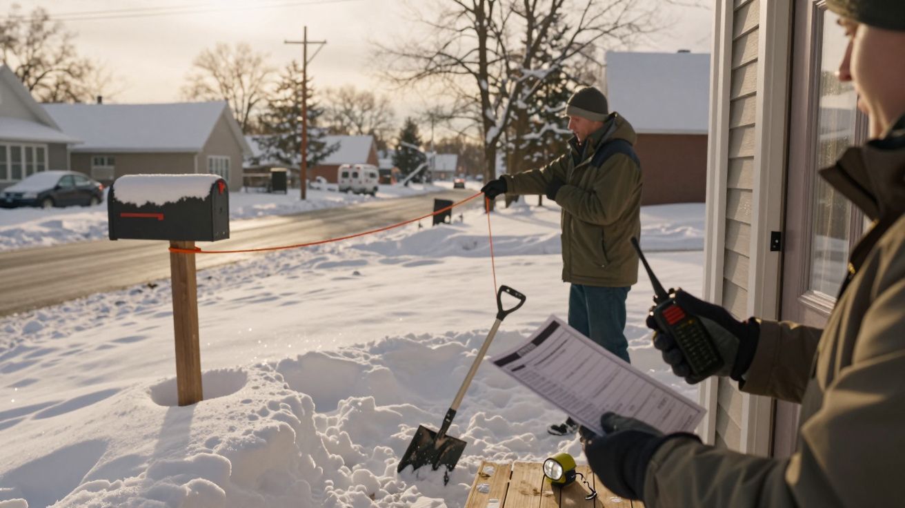 Homens a medir a distância de uma caixa de correio coberta de neve numa paisagem invernal.