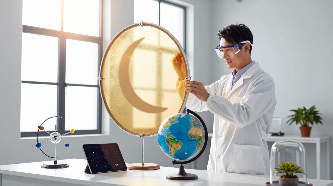 Cientista em laboratório ajusta modelo do sistema solar, com globo terrestre e tela de tablet sobre a mesa.
