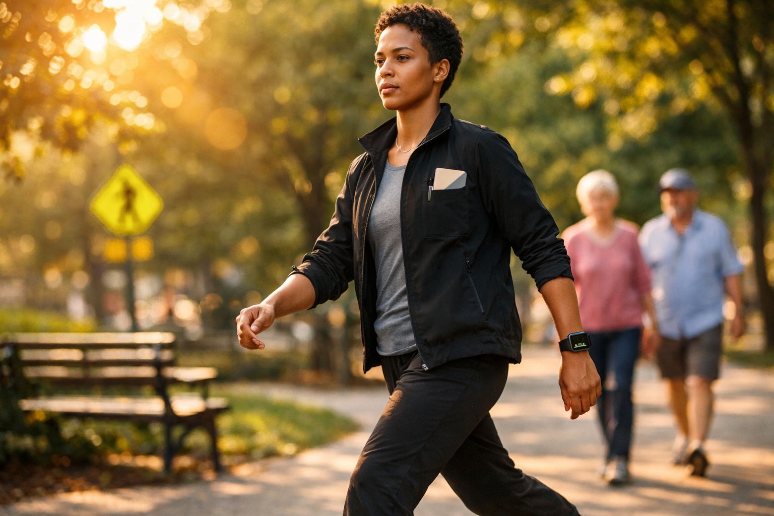Mulher a caminhar na rua com fones de ouvido e café, numa manhã ensolarada, pessoas ao fundo.