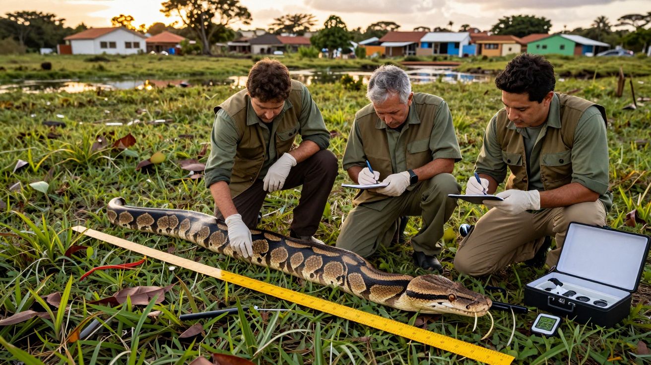 Três homens medem e registam dados de uma cobra grande num campo, com casas ao fundo.