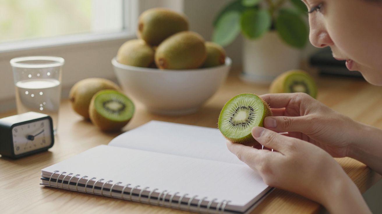 Pessoa observando kiwi cortado, com bloco de notas e taça de água sobre a mesa. Fundo com taça cheia de kiwis.