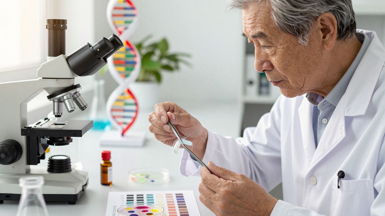 Cientista analisa amostra no laboratório, com microscópio e modelo de DNA ao fundo.